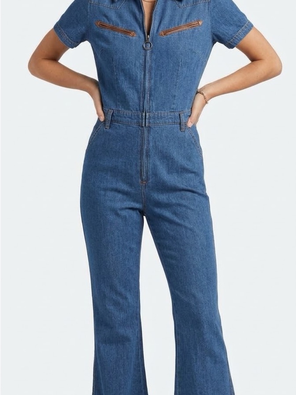 Wrangler Blue Denim Short-Sleeve Zip Jumpsuit with Chest Zip Accents